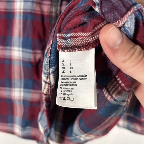 American Eagle Flannel Shirt Women's Small Blue Red Pearl Snap Boyfriend Long Sl - Picture 6 of 10